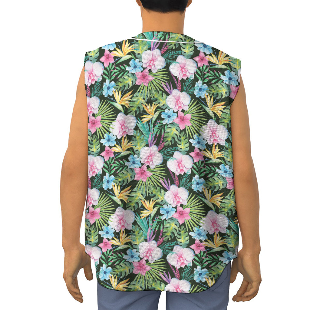 Vintage Tropical Jungle Hawaiian Print Sleeveless Baseball Jersey