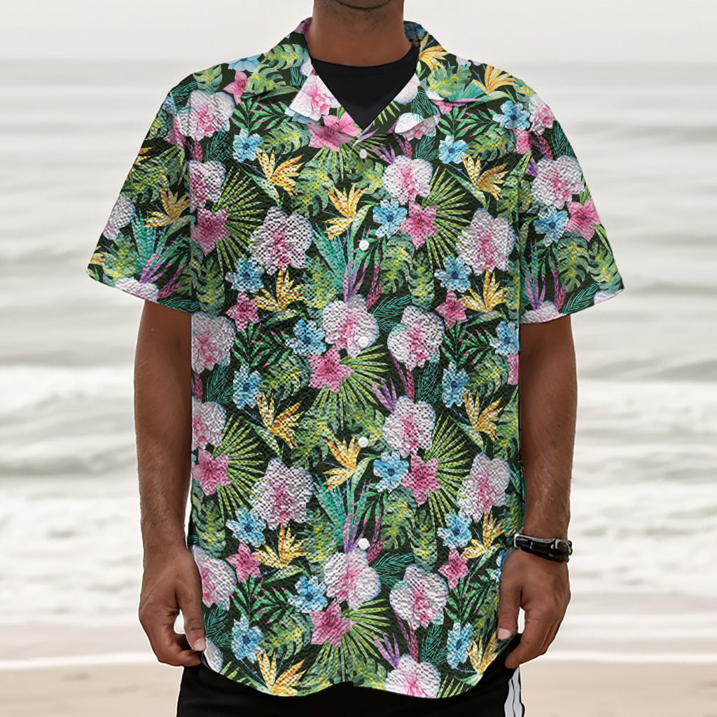 Vintage Tropical Jungle Hawaiian Print Textured Short Sleeve Shirt