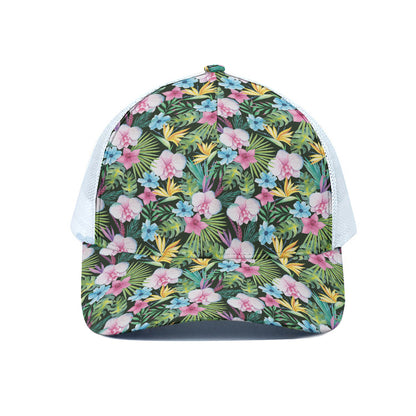 Vintage Tropical Jungle Hawaiian Print White Mesh Trucker Cap
