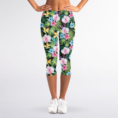 Vintage Tropical Jungle Hawaiian Print Women's Capri Leggings