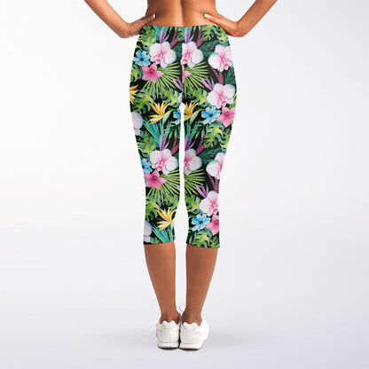 Vintage Tropical Jungle Hawaiian Print Women's Capri Leggings