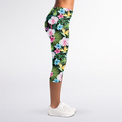 Vintage Tropical Jungle Hawaiian Print Women's Capri Leggings