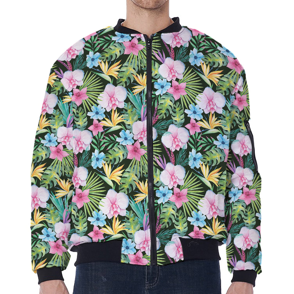 Vintage Tropical Jungle Hawaiian Print Zip Sleeve Bomber Jacket