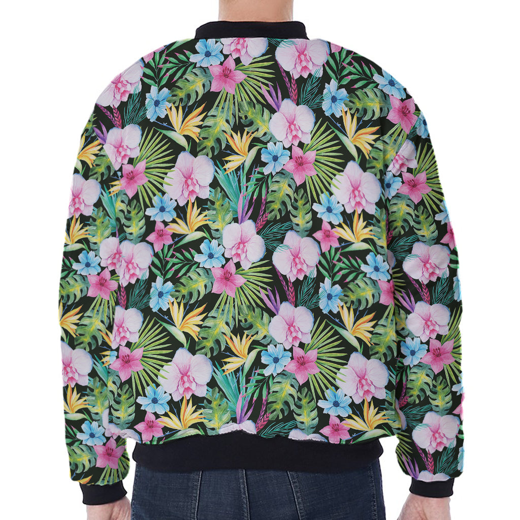Vintage Tropical Jungle Hawaiian Print Zip Sleeve Bomber Jacket