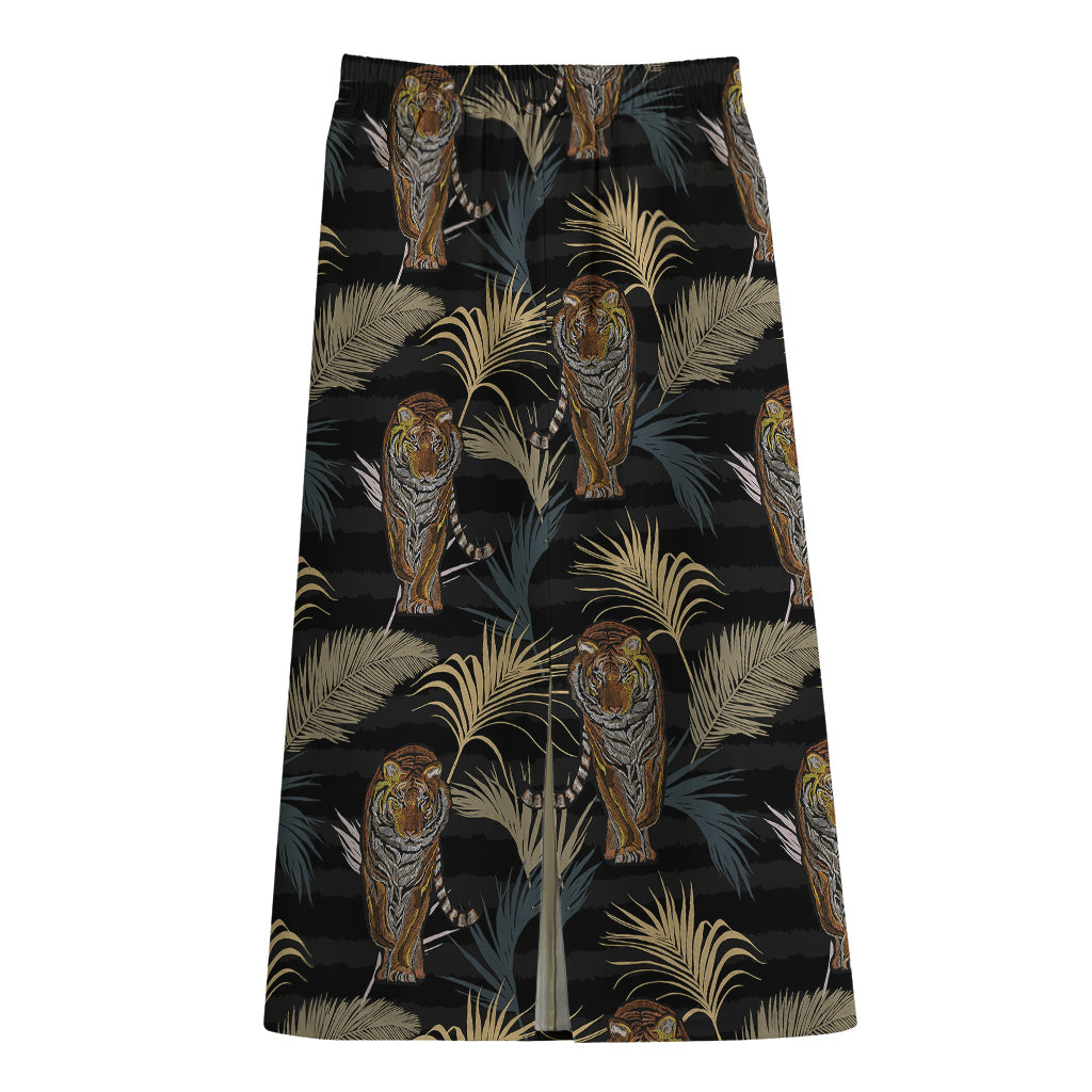 Vintage Tropical Tiger Pattern Print Cotton Front Slit Maxi Skirt
