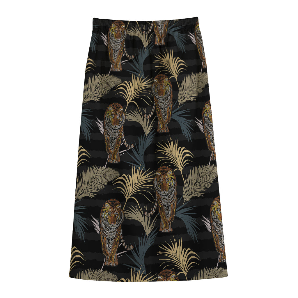 Vintage Tropical Tiger Pattern Print Cotton Front Slit Maxi Skirt