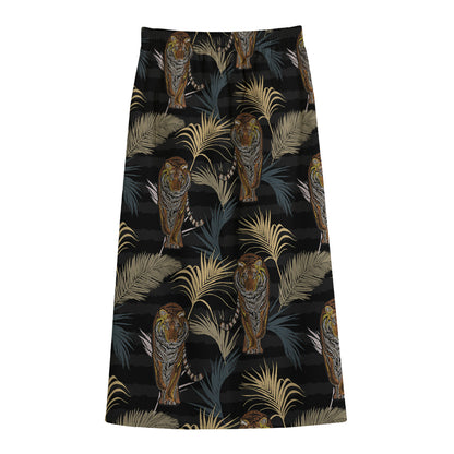 Vintage Tropical Tiger Pattern Print Cotton Front Slit Maxi Skirt