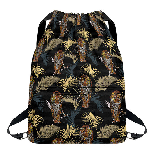 Vintage Tropical Tiger Pattern Print Drawstring Backpack
