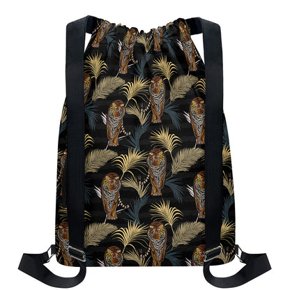 Vintage Tropical Tiger Pattern Print Drawstring Backpack