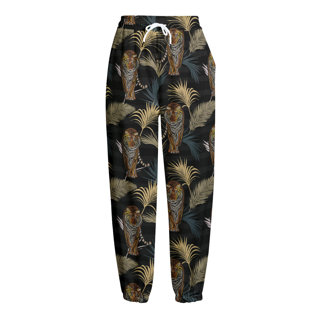 Vintage Tropical Tiger Pattern Print Fleece Lined Knit Pants