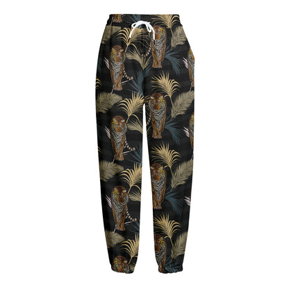 Vintage Tropical Tiger Pattern Print Fleece Lined Knit Pants