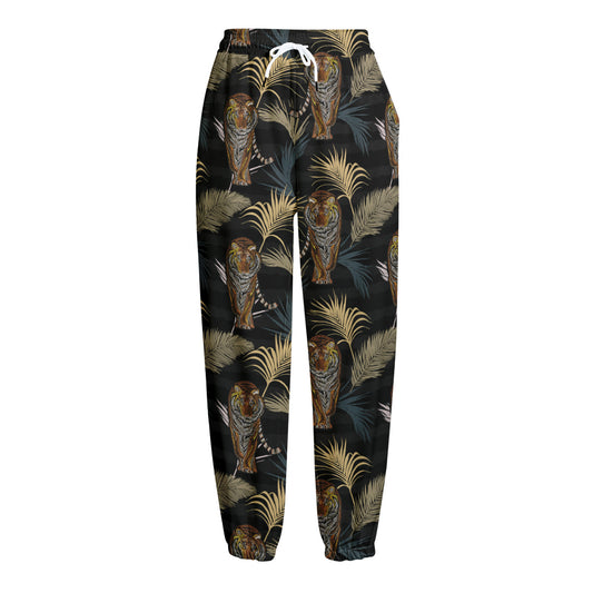 Vintage Tropical Tiger Pattern Print Fleece Lined Knit Pants