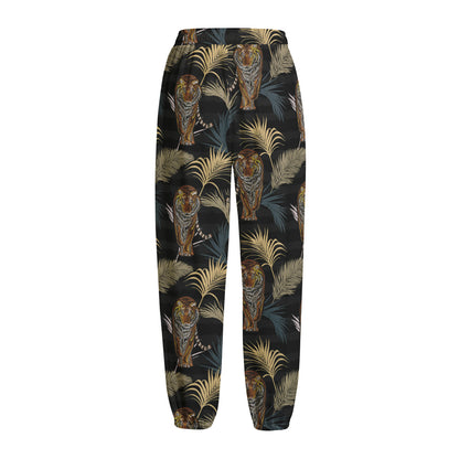 Vintage Tropical Tiger Pattern Print Fleece Lined Knit Pants