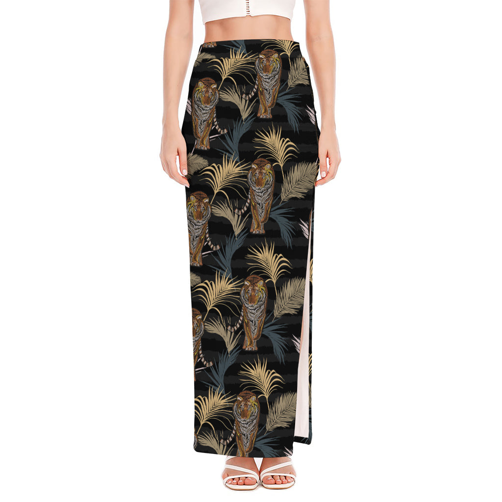 Vintage Tropical Tiger Pattern Print High Slit Maxi Skirt