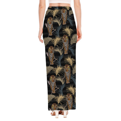 Vintage Tropical Tiger Pattern Print High Slit Maxi Skirt