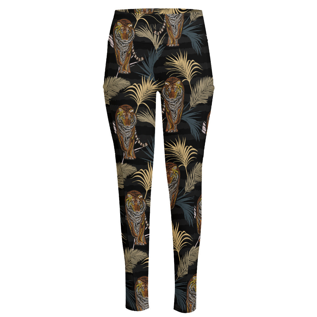 Vintage Tropical Tiger Pattern Print High-Waisted Pocket Leggings