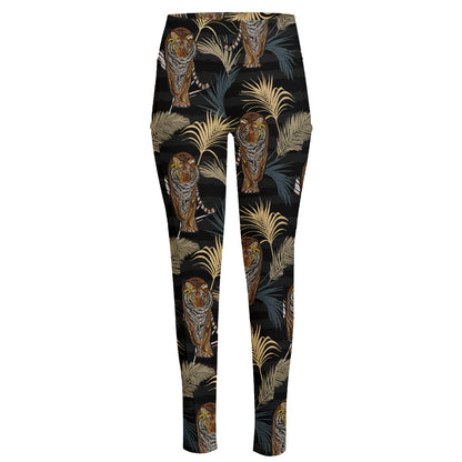 Vintage Tropical Tiger Pattern Print High-Waisted Pocket Leggings