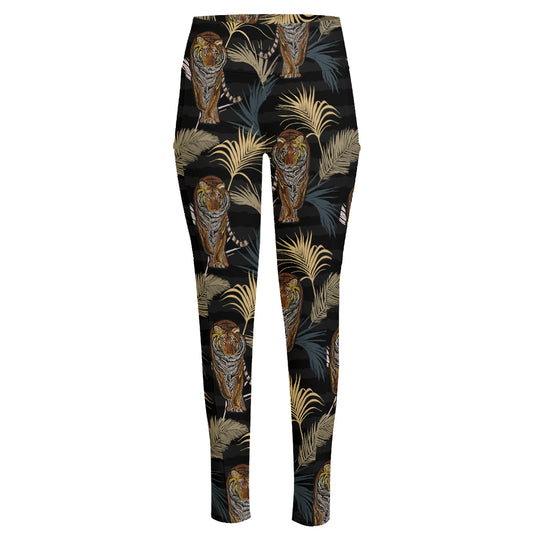 Vintage Tropical Tiger Pattern Print High-Waisted Pocket Leggings