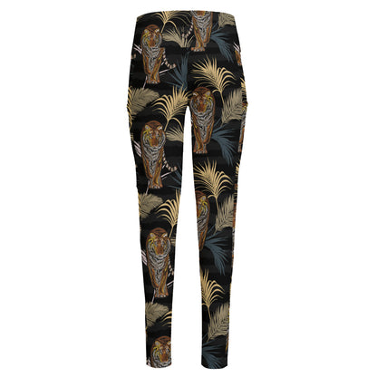 Vintage Tropical Tiger Pattern Print High-Waisted Pocket Leggings