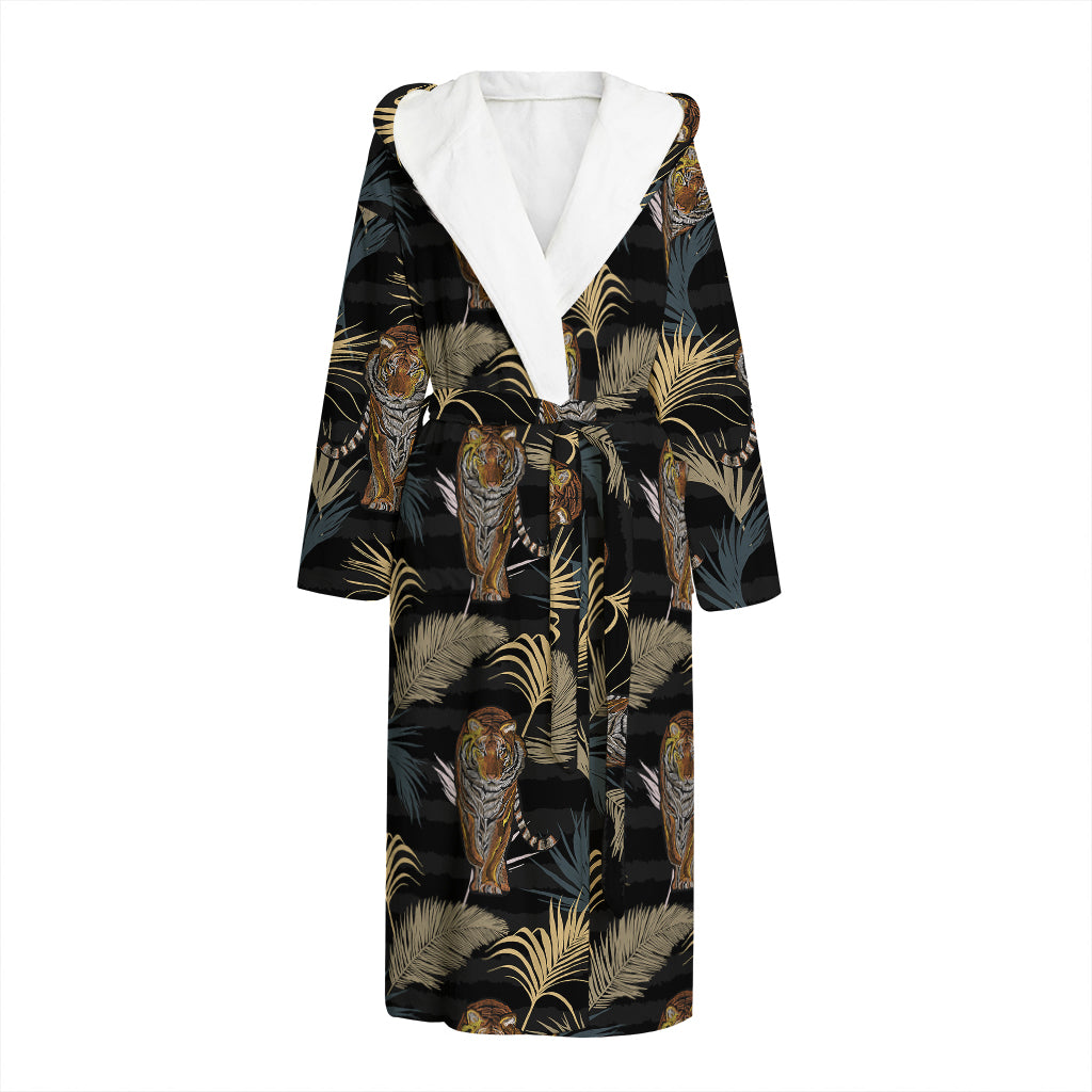 Vintage Tropical Tiger Pattern Print Hooded Bathrobe