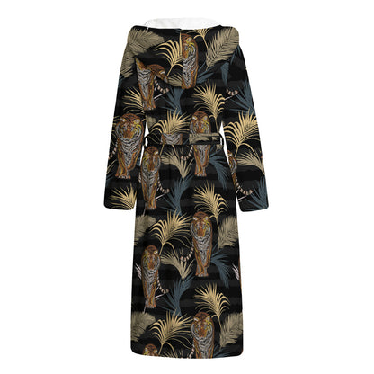 Vintage Tropical Tiger Pattern Print Hooded Bathrobe