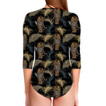 Vintage Tropical Tiger Pattern Print Long Sleeve Swimsuit