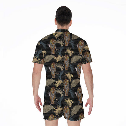Vintage Tropical Tiger Pattern Print Men's Rompers