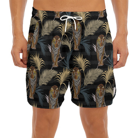 Vintage Tropical Tiger Pattern Print Men's Split Running Shorts