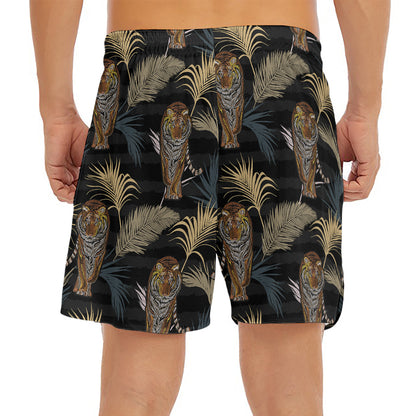Vintage Tropical Tiger Pattern Print Men's Split Running Shorts