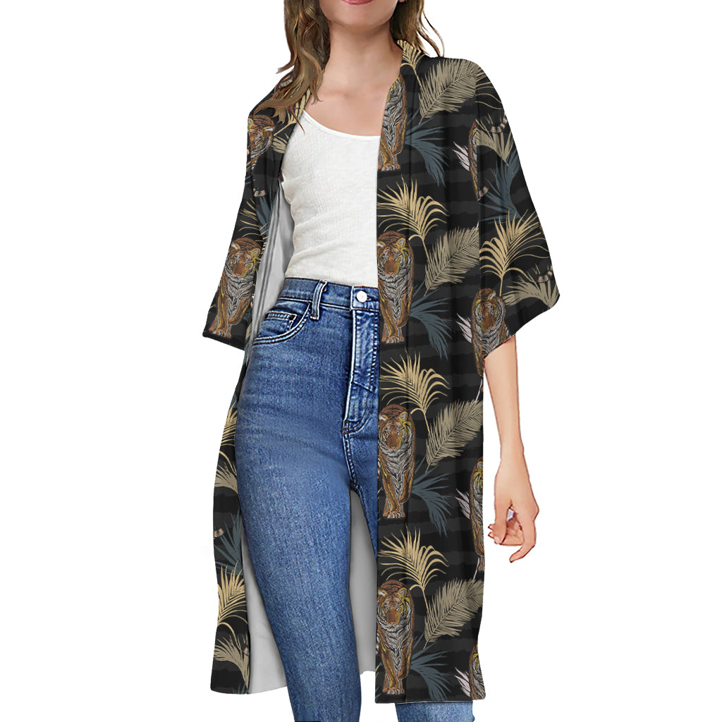 Vintage Tropical Tiger Pattern Print Open Front Beach Cover Up