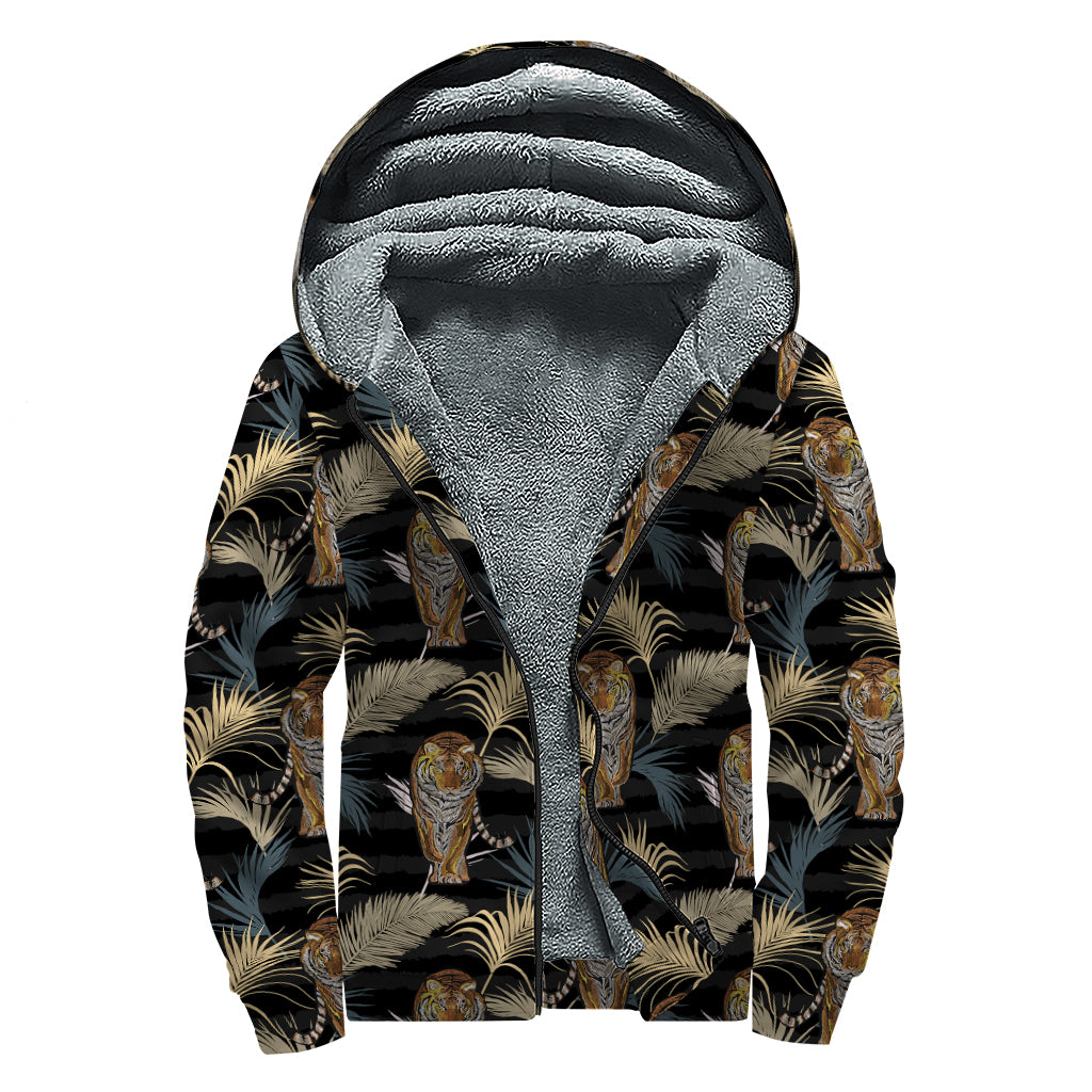 Vintage Tropical Tiger Pattern Print Sherpa Lined Zip Up Hoodie