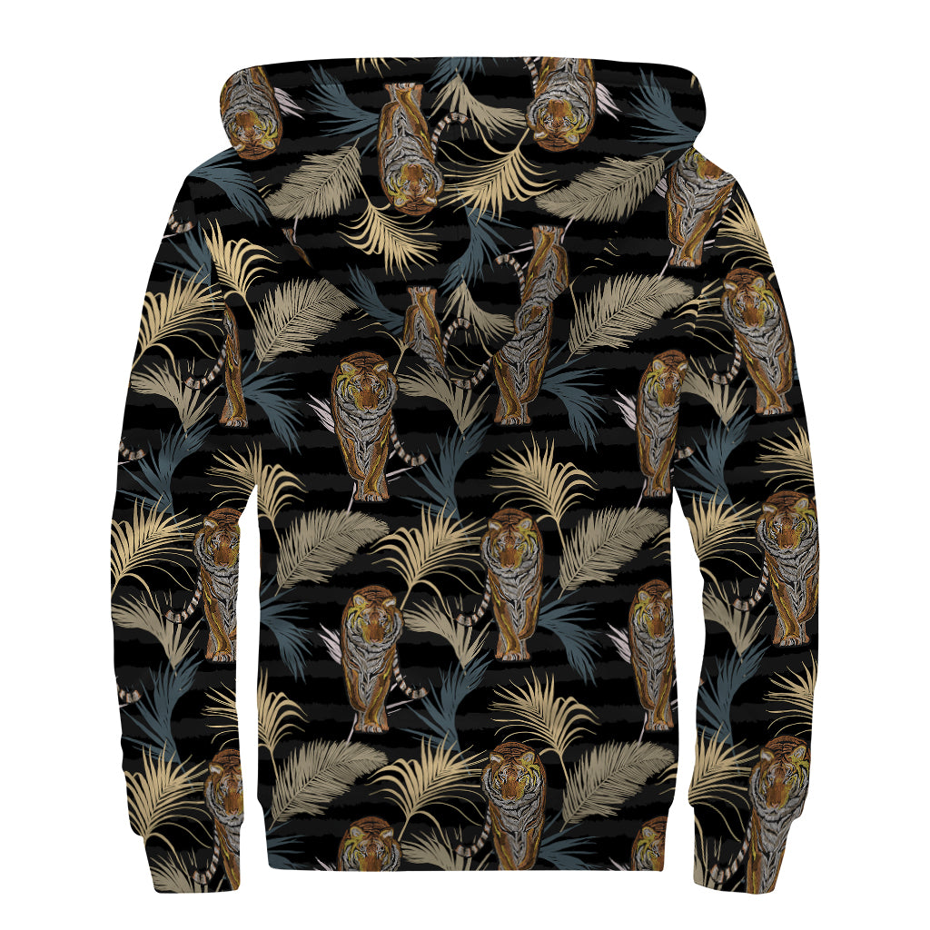 Vintage Tropical Tiger Pattern Print Sherpa Lined Zip Up Hoodie