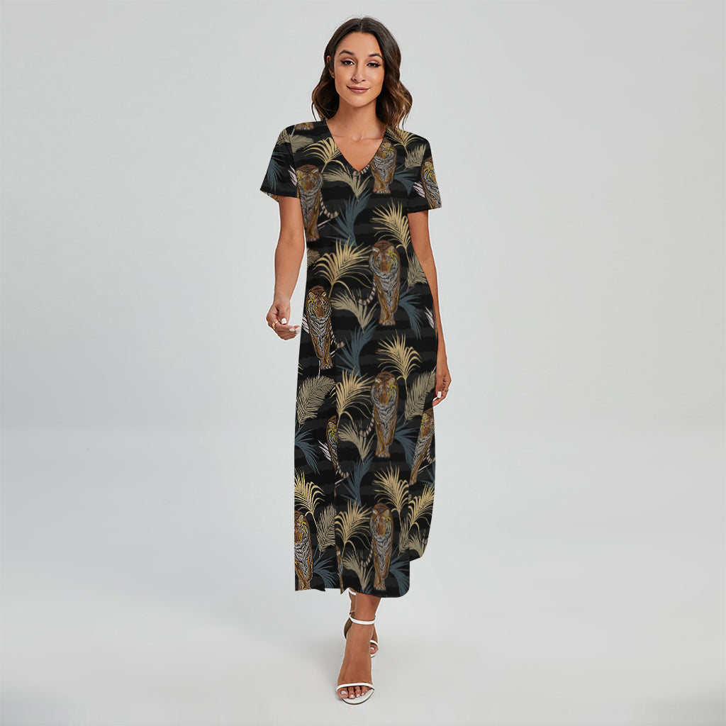 Vintage Tropical Tiger Pattern Print Short Sleeve Maxi Dress