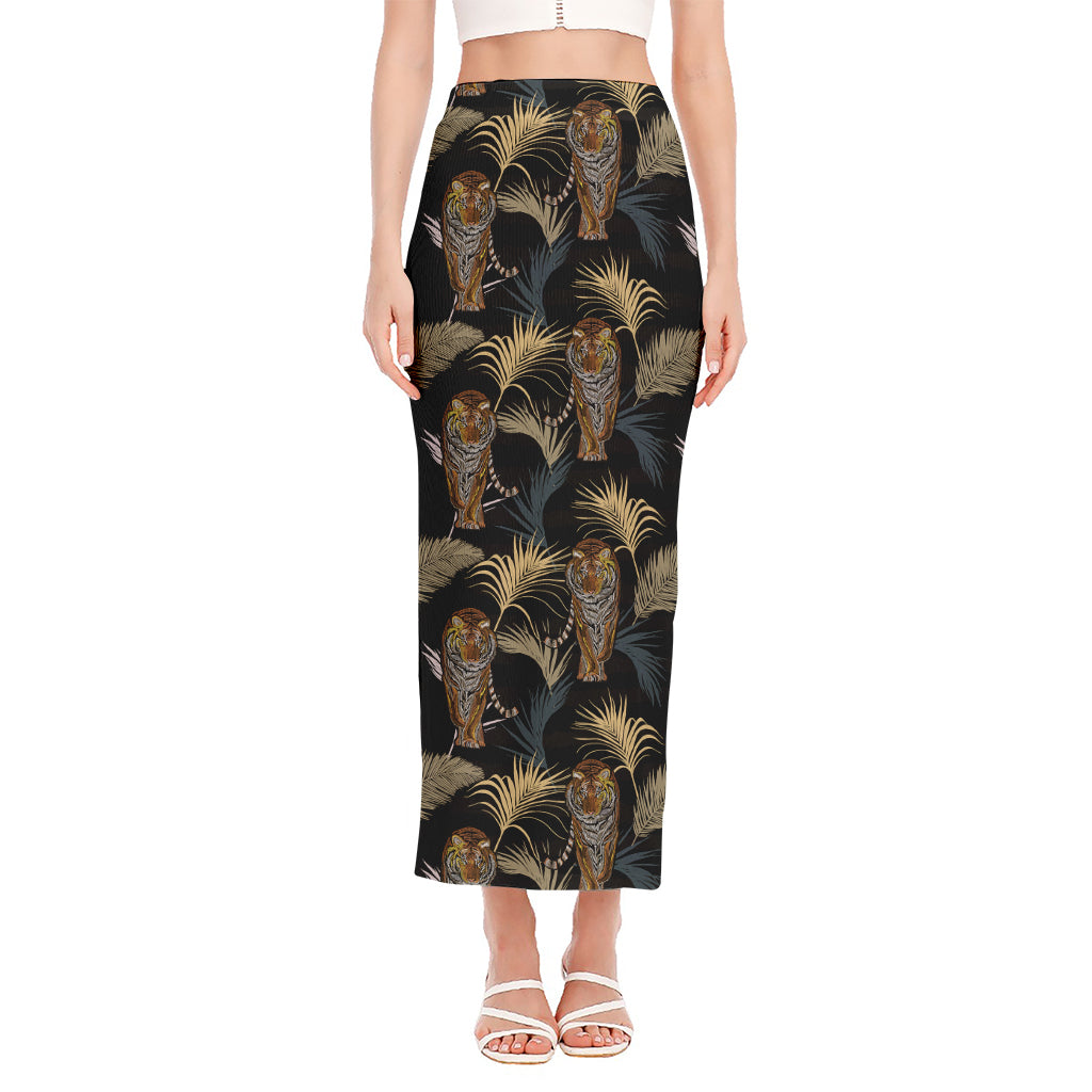 Vintage Tropical Tiger Pattern Print Side Slit Maxi Skirt