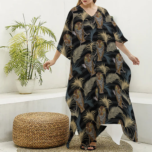 Vintage Tropical Tiger Pattern Print Silk V-Neck Kaftan Dress
