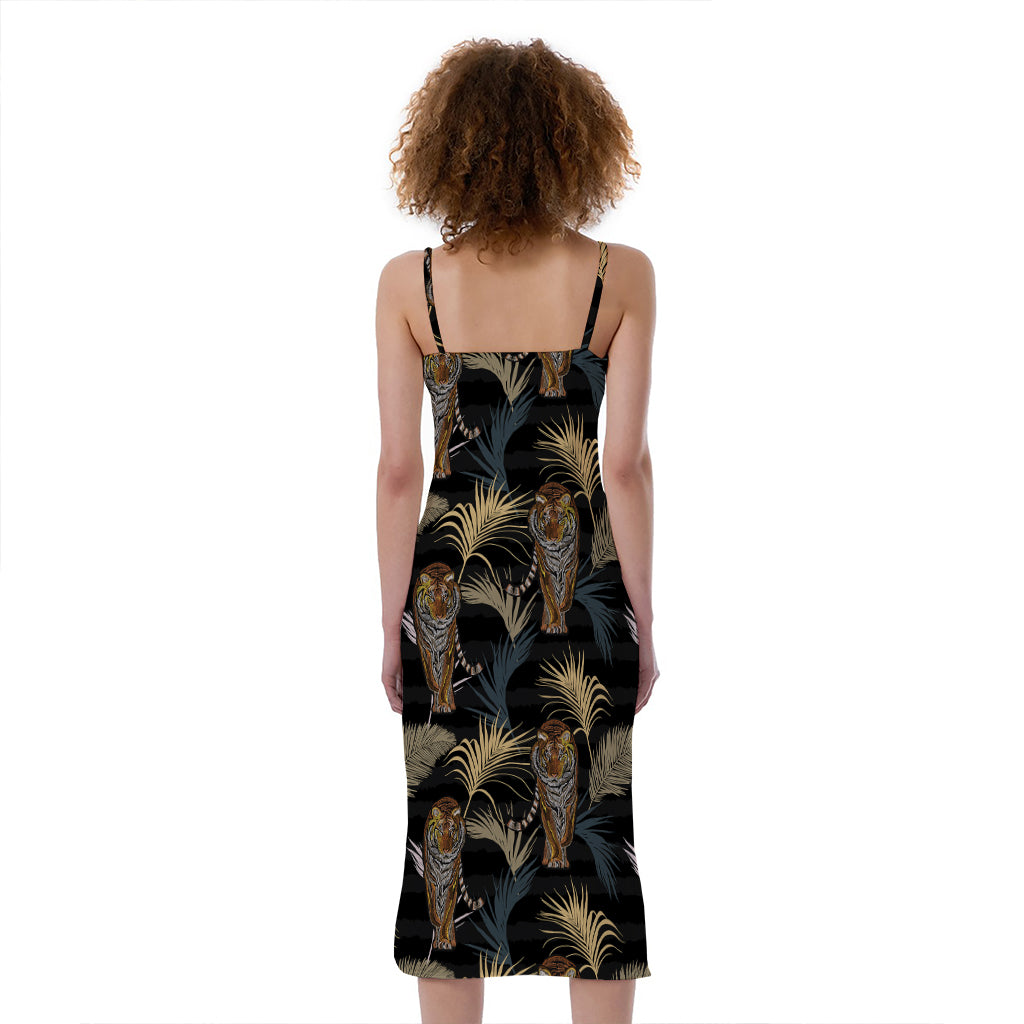 Vintage Tropical Tiger Pattern Print Slim Fit Midi Cami Dress
