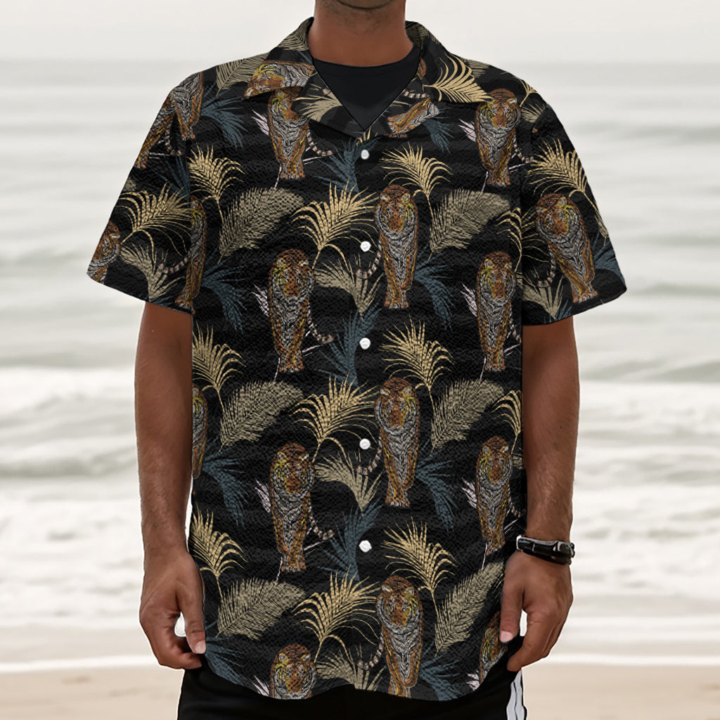 Vintage Tropical Tiger Pattern Print Textured Short Sleeve Shirt