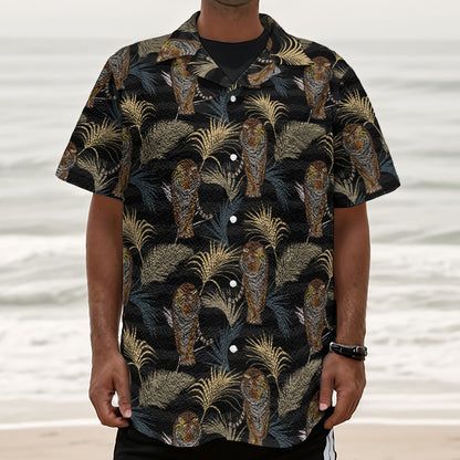 Vintage Tropical Tiger Pattern Print Textured Short Sleeve Shirt
