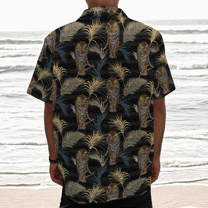Vintage Tropical Tiger Pattern Print Textured Short Sleeve Shirt