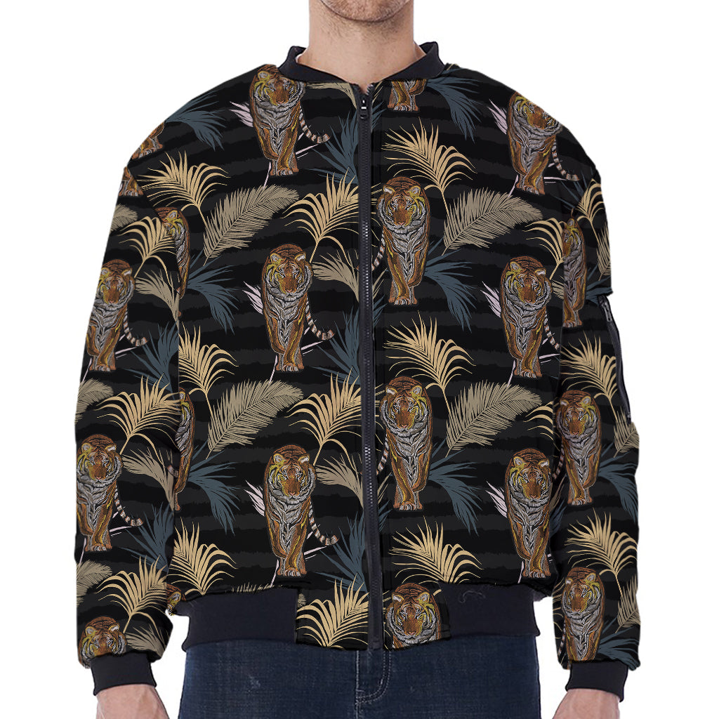 Vintage Tropical Tiger Pattern Print Zip Sleeve Bomber Jacket