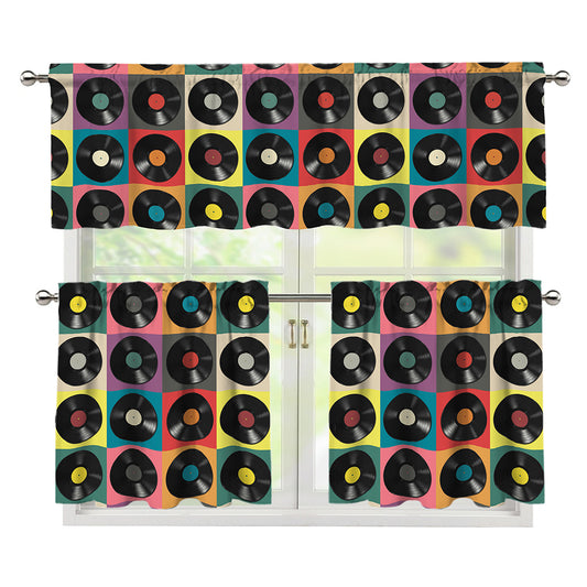 Vintage Vinyl Records Pattern Print 3 Piece Kitchen Curtains