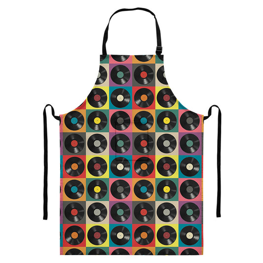 Vintage Vinyl Records Pattern Print Bib Apron With Pocket