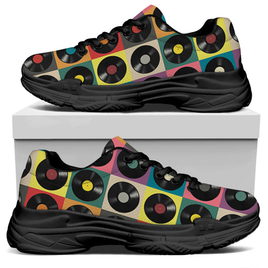 Vintage Vinyl Records Pattern Print Black Chunky Shoes