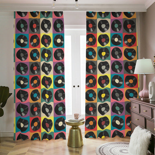 Vintage Vinyl Records Pattern Print Blackout Pencil Pleat Curtains