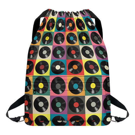 Vintage Vinyl Records Pattern Print Drawstring Backpack