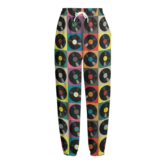 Vintage Vinyl Records Pattern Print Fleece Lined Knit Pants