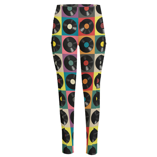 Vintage Vinyl Records Pattern Print High-Waisted Pocket Leggings
