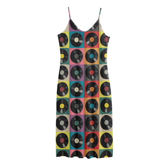 Vintage Vinyl Records Pattern Print Jersey Midi Cami Dress