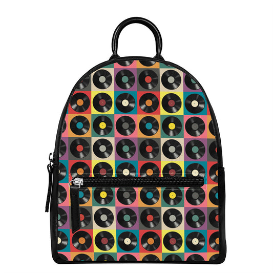 Vintage Vinyl Records Pattern Print Leather Backpack