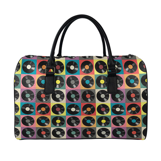Vintage Vinyl Records Pattern Print Leather Duffle Bag